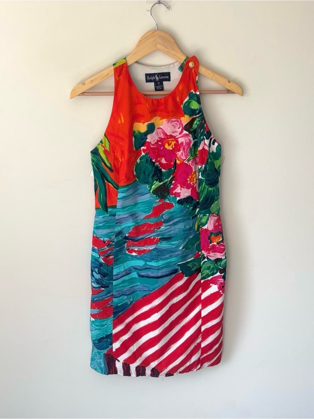 Vintage Ralph Lauren Sleeveless Mini Sheath Dress Size 2 Abstract Watercolor